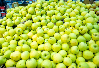 Fruits shop.  Golden apples on the counter. Fruit showcase. Sale of apples. Vitamin containing products
