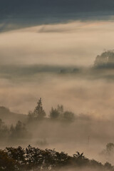 Beautiful mystical landscape over the forests and hills after the sunrise. Misty morning