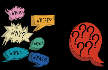 Vector isolated colourful speech bubble with text WHO WHAT WHERE WHEN WHY HOW and question mark. Investigate analyse and solve various questions.
