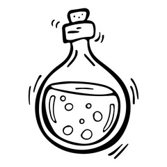 Vector doodle bottle of magic potion. Witchcraft glass bottle. Alchemy elixir in glass flask. Hand drawn illustration of witch poison.