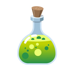 Magic bottle of glass. Alchemy love elixir in glass flask. Cork and green potion, cartoon vector with hearts. Witchcraft pink potion of witch or poison