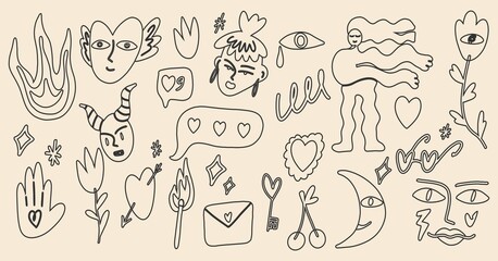 Big set of different abstract doodle icons, outline, line. Hearts, faces, plants, characters and more. Vector illustration, cartoon style, flat design. All elements are isolated.