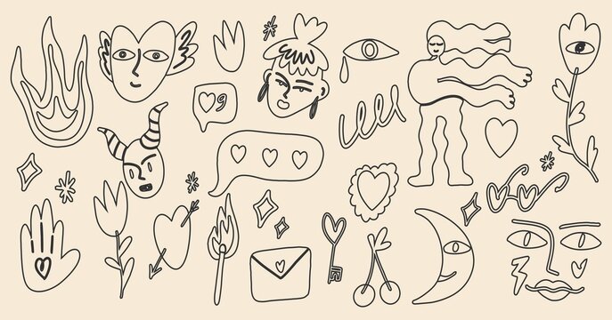 Naklejka Big set of different abstract doodle icons, outline, line. Hearts, faces, plants, characters and more. Vector illustration, cartoon style, flat design. All elements are isolated.