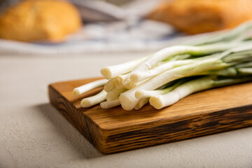 Fresh green onions on a gray stone background. Fresh greens. Salad onion. Vitamins.Copy space.Place for text.