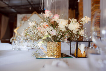 The decor of the wedding table. Shabby chic style.