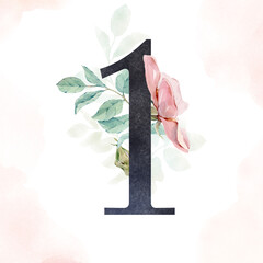 Textured black number one decorated with delicate pink flowers and light green leaves. The illustrations are hand drawn in watercolor, isolated on a white background. For postcards and invitations