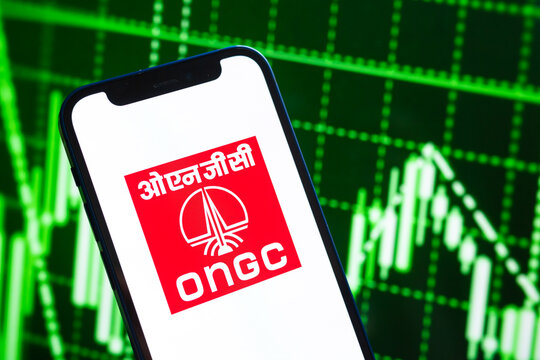ONGC logo company, gas and oil prices, energy industry. Petroleum stock market graphs, global financial background. Gasoline and diesel concept