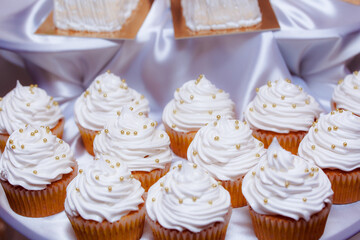 Obraz na płótnie Canvas Snow-white wedding cakes. Sweet catering. Rustic style.