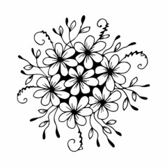 Hand drawn flower bouquet arrangement in black and white color doodle or sketch style. Postcard, invitation, greeting card, coloring book page.