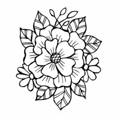 Hand drawn flower bouquet arrangement in black and white color doodle or sketch style. Postcard, invitation, greeting card, coloring book page.