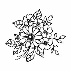 Hand drawn flower bouquet arrangement in black and white color doodle or sketch style. Postcard, invitation, greeting card, coloring book page.