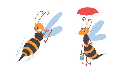 Cute Honey Bee with Antenna and Striped Body Flying with Bucket and Stinging Vector Set