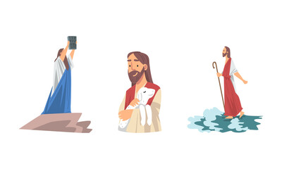 Bible Narrative with Moses Holding Table of the Covenant and Chridt with Lamb Vector Illustration Set