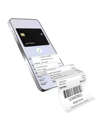 Fotobehang Banking pay online with mobile phone. Wireless payments concept bank card with receipt. Bill on smartphone transaction with credit card and paper check. © angelmaxmixam