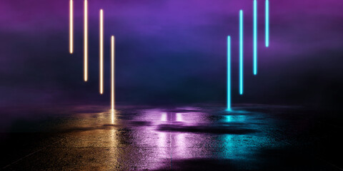 Blue pink-violet neon abstract background, Cosmic Sci-Fi Futuristic Purple Blue Neon Modern Laser Grunge Rough Cement Tiled Concrete Floor Triangle Shaped Lights VIbrant Electric Cyber Virtual 3D Rend
