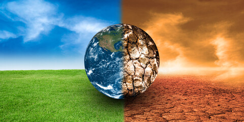 Cracked Earth VS Green Earth Concept. Global Warning, Climate Change and Save our Planet. Dry and Half  Globe 