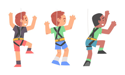 Little Boy Climbing Steep Rock or Wall with Harness Rope Engaged in Bouldering Training Vector Set