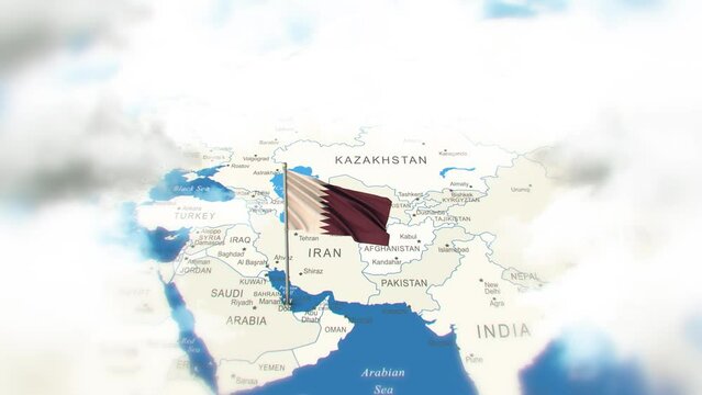 Qatar Map And Flag With Clouds