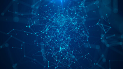 Abstract blue background with moving lines and dots. Network connection. Worldwide connection to the Internet. 3d rendering.