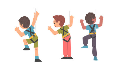 Little Boy Climbing Steep Rock or Wall with Harness Rope Engaged in Bouldering Training Vector Set