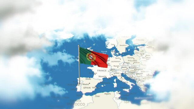 Portugal Map And Flag With Clouds
