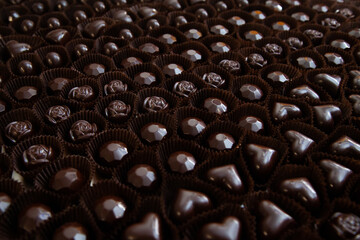 Lots of handmade chocolate candies with filling in a chocolate factory