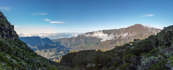 Wide view other the cliff od Cilaos cirque in Reunion Island, France. - obrazy, fototapety, plakaty