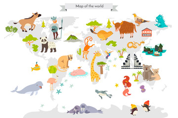Abstract illustrated world map. Cute colorful vector illustration for children, kids. Happy people, landmarks, animals characters and other elements cartoon poster - 504020552