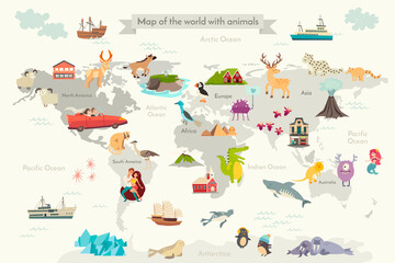 Abstract illustrated world map. Cute colorful vector illustration for children, kids. Happy people, landmarks, animals characters and other elements cartoon poster