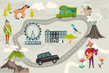 Abstract illustrated map. Road with a car, volcanos and mountains, musician characters and horse. Cute colorful vector illustration for children, kids - 504020554