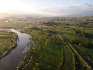 Aerial Sunset view of Struma river, Bulgaria