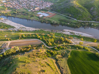 Aerial Sunset view of Struma river, Bulgaria