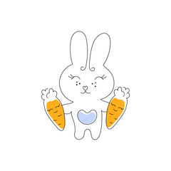 Cute rabbit with two carrots on a white background. Thin line outline style. Minimal design. Vector illustration. - 504021504