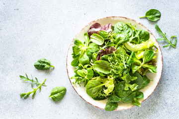 Green salad leaves in white plate at light background. Top view image.
