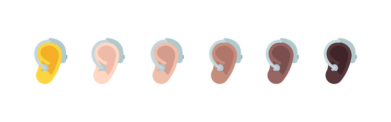 All Skin Tones Ear with Hearing Aid Emoticon Set. Ear with Hearing Aid Emoji Set