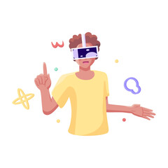 Young man Virtual reality glasses Game simulator Vector illustration