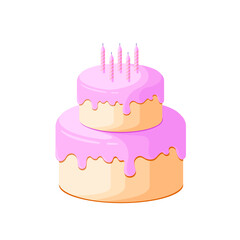 Birthday cake with pink topping in flat style. Cake with candles. Vector illustration.	
