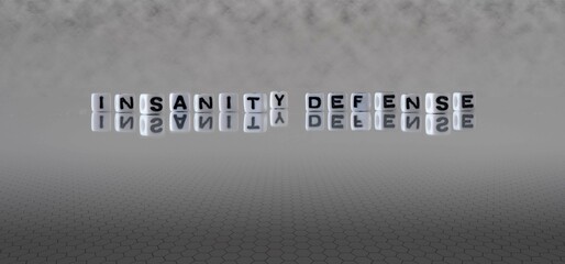 insanity defense word or concept represented by black and white letter cubes on a grey horizon background stretching to infinity - obrazy, fototapety, plakaty
