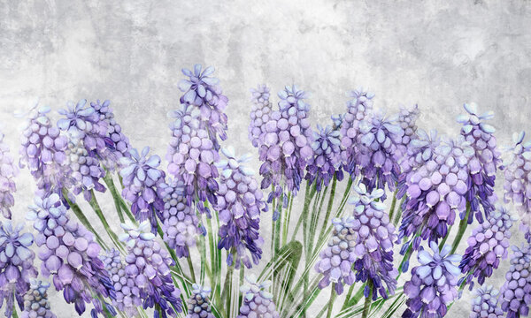 art painted flowers grape hyacinth on texture background photo wallpaper