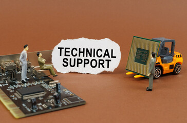 On a brown background, a loader, a processor, figures of people and paper with the inscription - Technical support