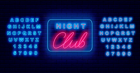 Night club neon emblem. Disco advertising. Shiny blue alphabet. Dance party sign. Vector stock illustration