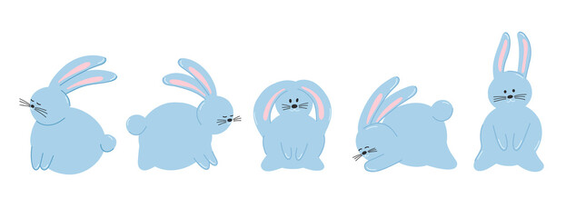 Obraz premium Vector set of cute blue rabbits in cartoon style, cute animals, bunnies. Children's vector illustration for postcards, clothes, fabrics, design.