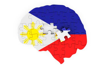 Filipino flag painted on the brain from puzzles. Scientific research and education in Philippines concept, 3D rendering