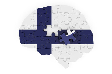 Finnish flag painted on the brain from puzzles. Scientific research and education in Finland concept, 3D rendering