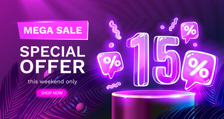 Mega sale special offer, Neon 15 off sale banner. Sign board promotion. Vector - obrazy, fototapety, plakaty