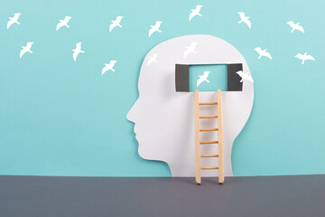 Silhouette of a man, window to the brain, birds flying, ladder of success, open minded, brainstorming for ideas, disorder and psychology concept
