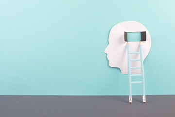 Silhouette of a man, window to the brain, ladder of success, open minded, brainstorming for ideas, disorder and psychology concept © Berit Kessler