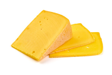 Semi-hard cheese with saffron, close-up, isolated on white background.