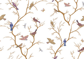 Tree branches against the sky with sparrow, finches, butterflies, dragonflies. Seamless pattern, background. Vector illustration. Chinoiserie, traditional oriental botanical motif. In botanical style