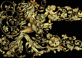 Seamless pattern, background In baroque, rococo, victorian, renaissance style. Trendy frolar vintage pattern. In gold and black vector illustration